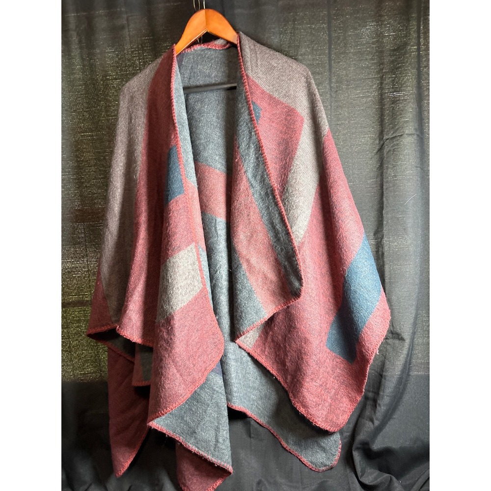 BB Dakota Womens Colorblock Geometric Knit Poncho Wrap Burgundy Grey OS